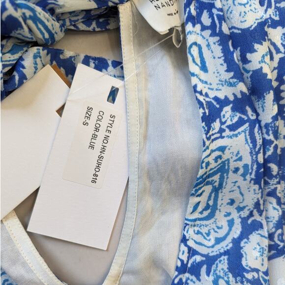 Hemant and Nandita Suho V-Neck Mini Dress Size Small Blue Paisley Preowned - Picture 7 of 12